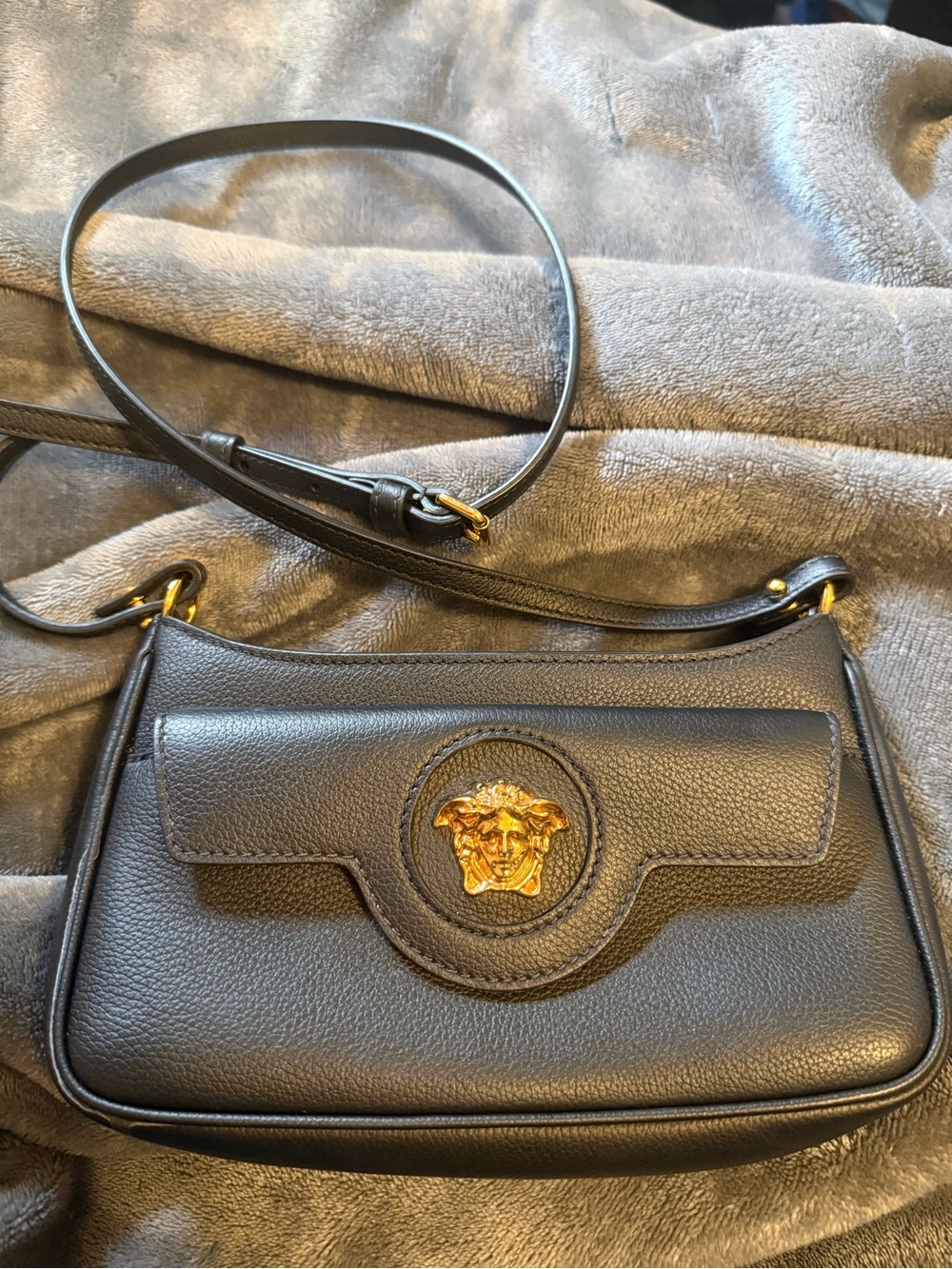 Versace Black Leather Crossbody with Gold Medusa Emblem